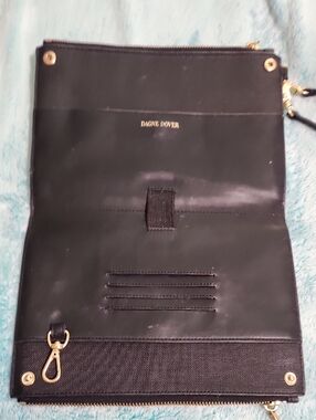 Dagne Dover Black Leather Clutch Wristlet with Gold Hardware